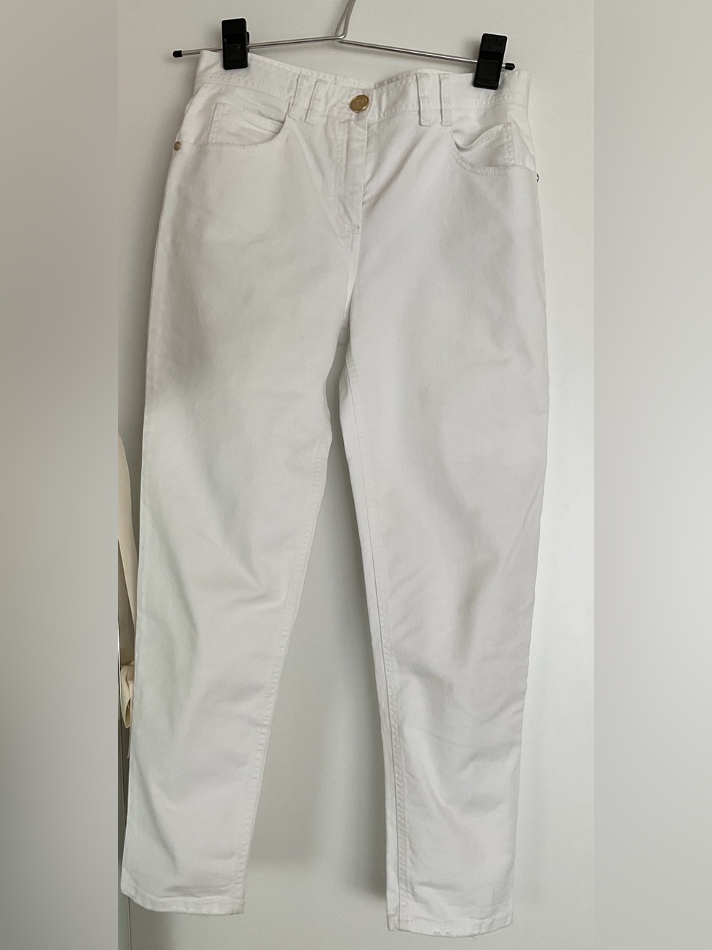 Balmain White Jeans with Gold Crest Button
